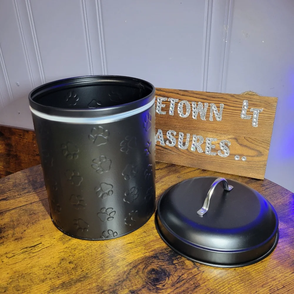 Amici Black metal Paw Print pet treat Storage Canister/lid-black